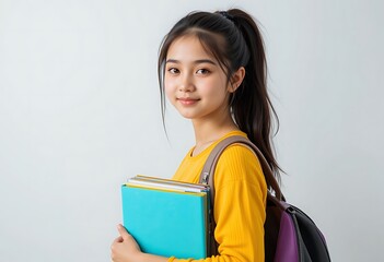 Obraz premium Happy Student with Books and Backpack, Ready for Learning. Generative Ai
