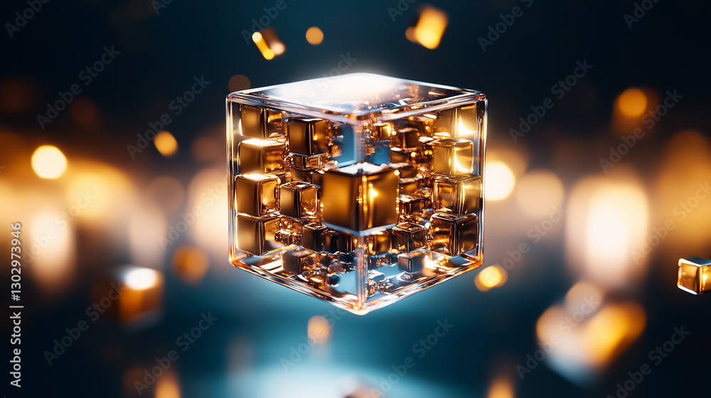 Poster this complex design features a giant cube made of hundreds of luminous cubes, floating in a void fil