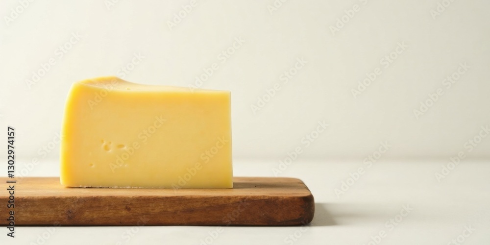 Poster a single wedge of pale yellow cheese rests on a rustic wooden cutting board against a simple off-whi