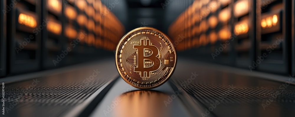 Poster a detailed close-up of a bitcoin coin in a high-tech mining facility, showcasing its intricate desig