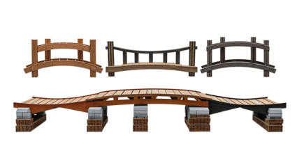 Wooden garden bridges with elegant arched design, Japanese-inspired footbridges for outdoor landscapes, traditional Asian architectural elements