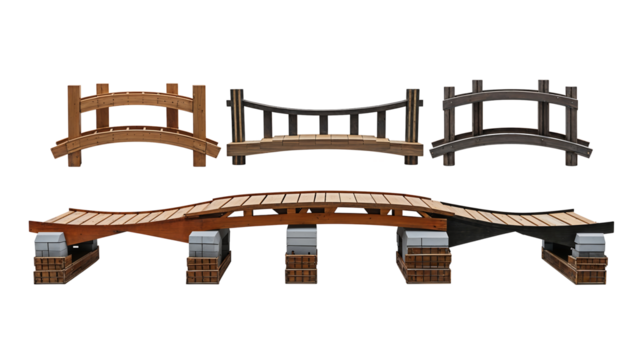 Wooden garden bridges with elegant arched design, Japanese-inspired footbridges for outdoor landscapes, traditional Asian architectural elements