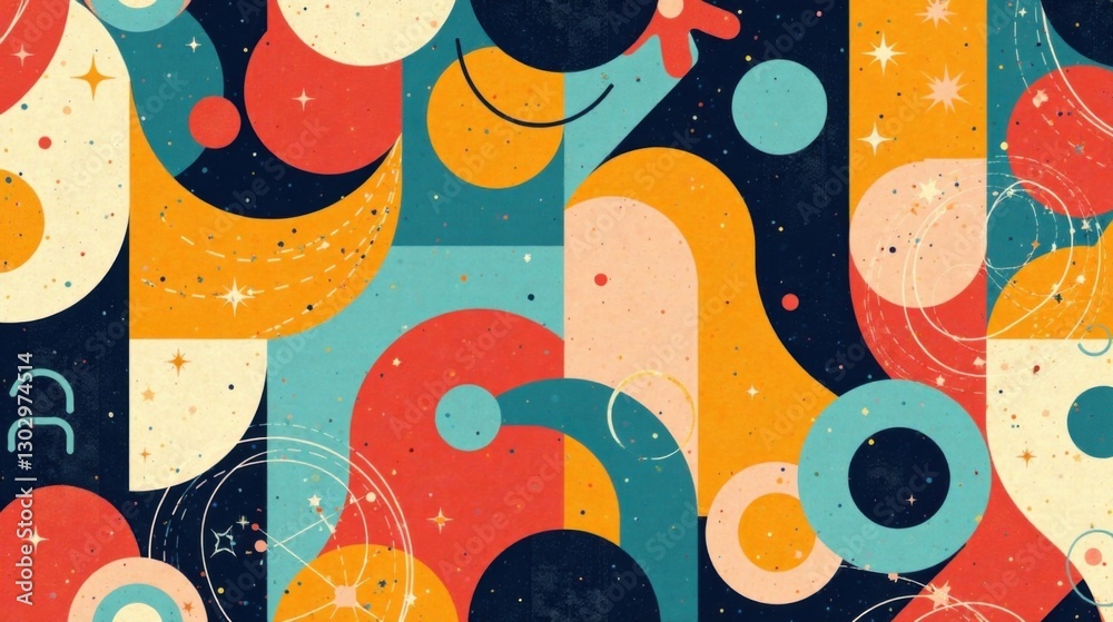 Poster abstract cosmic composition a retro-modern design featuring interwoven geometric shapes and celestia