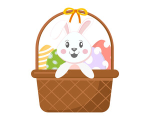 easter basket with colorful easter eggs and bunny rabbit