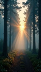Obraz premium Misty dawn in fir tree forest with ghostly outlines of ancient trees, mystical atmosphere, mystical, dawn, double exposure