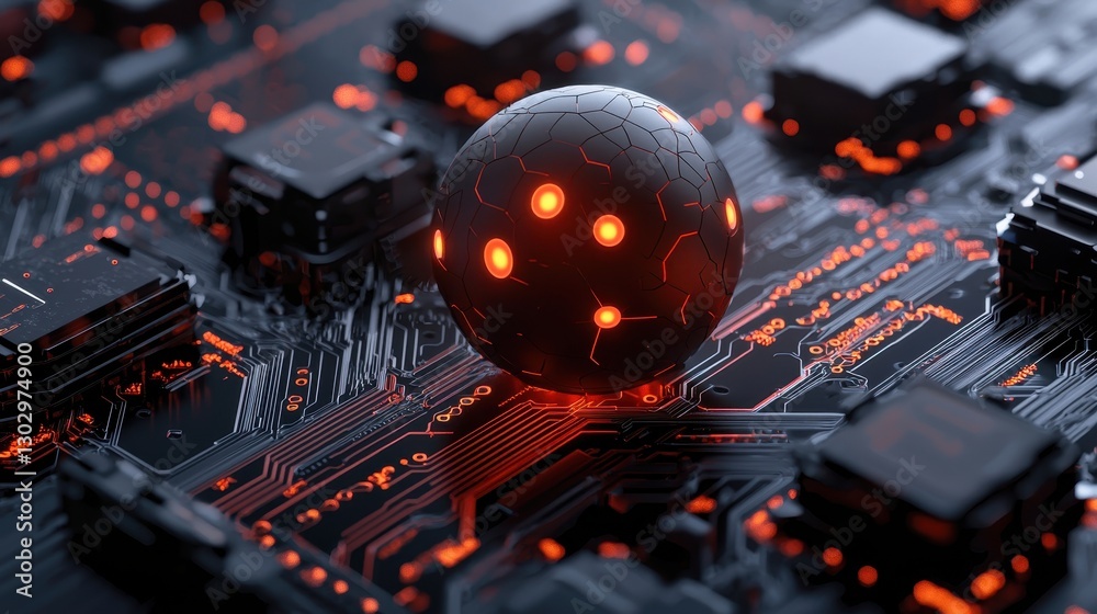 Poster a close-up view of a circuit board featuring a metallic sphere with glowing elements, highlighting a