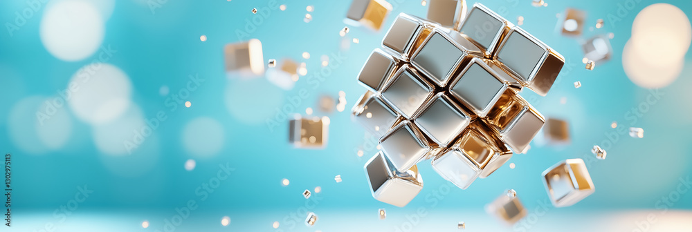 Poster a massive cube composed of numerous smaller cubes drifts through a boundless void, reflecting light 