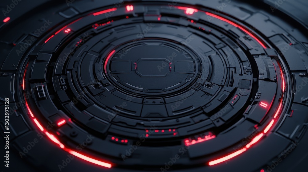 Poster a futuristic, circular design featuring dark textures and glowing red lines, resembling a high-tech 