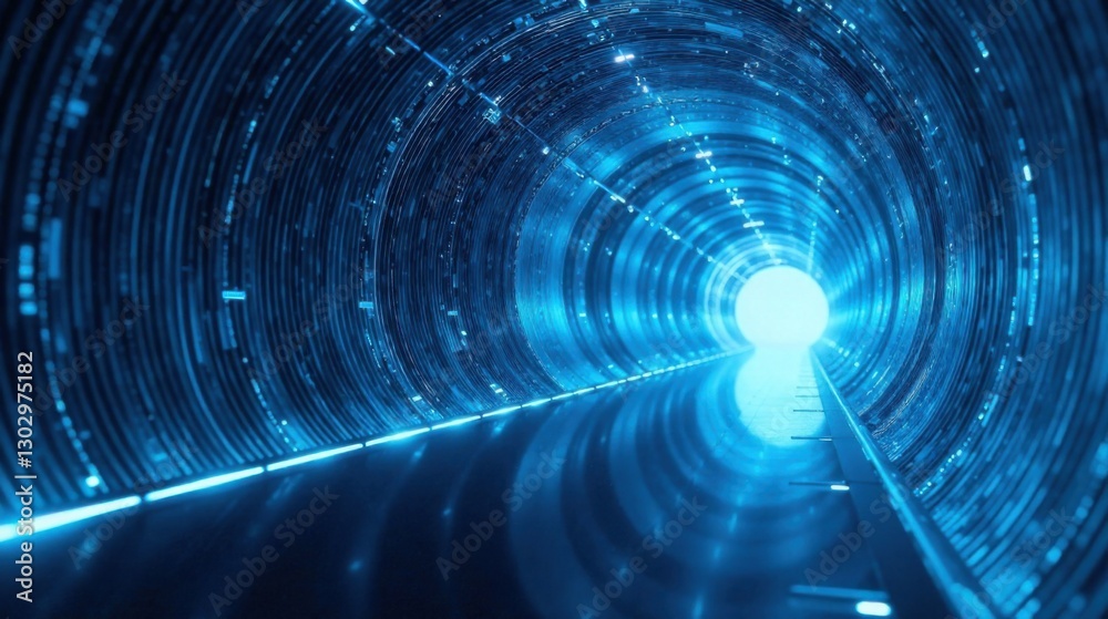 Poster a futuristic blue tunnel leading to a bright light, representing progress and technological advancem