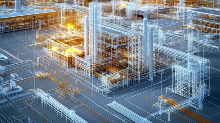 Fototapeta premium Industrial blueprint illustration with bright glowing lights.
