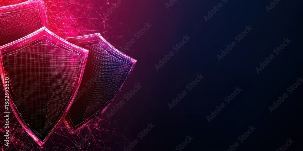 Poster a futuristic design featuring glowing shields against a dark background, symbolizing protection and 