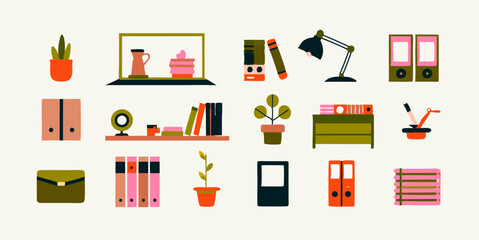 Set of different home office colorful icons. Flat images isolated on white background. Vector illustration.