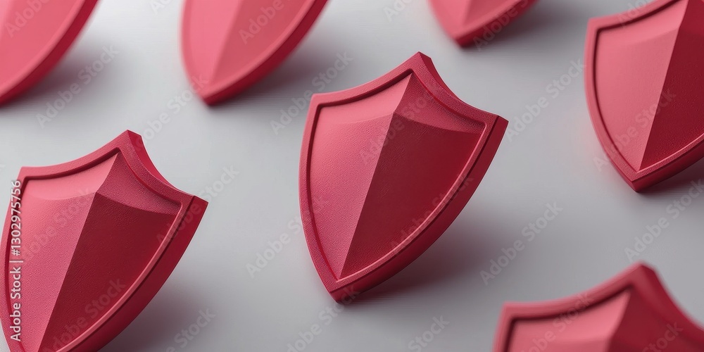 Aufkleber a collection of glossy red shield icons arranged on a light surface, symbolizing protection and secu