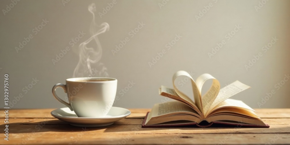 Poster a steaming cup of coffee rests beside an open book forming a heart shape on a rustic wooden table in