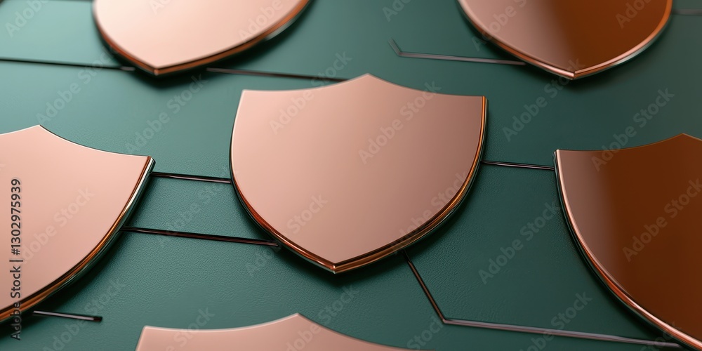 Poster a close-up view of metallic shields arranged on a green surface, symbolizing protection and security