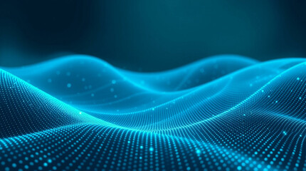 Abstract background with glowing blue dots forming flowing digital waves. The vibrant blue lights create a dynamic, futuristic design in a dark environment.