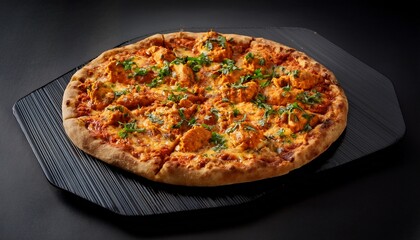 Chicken Tikka pizza, placed perfectly in the center of a 15-inch modern flat black serving platter with a smooth matte finish and artisan-crafted uneven edges for a sophisticated look. The pizza featu
