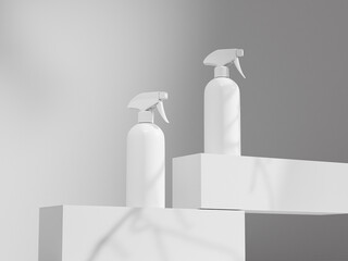 Tubular trigger spray bottle, Cylindrical plastic sprayer packaging, round-shape atomizer bottle with spray head mockup, white cosmetic liquid mist dispenser container, luxury hair product package