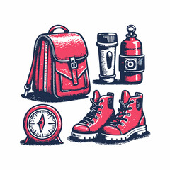 Hand drawn hiking gear collage. Vintage style image on white background. Vector illustration.