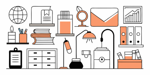 Set of different home offices icons. Linear images isolated on white background. Vector illustration.