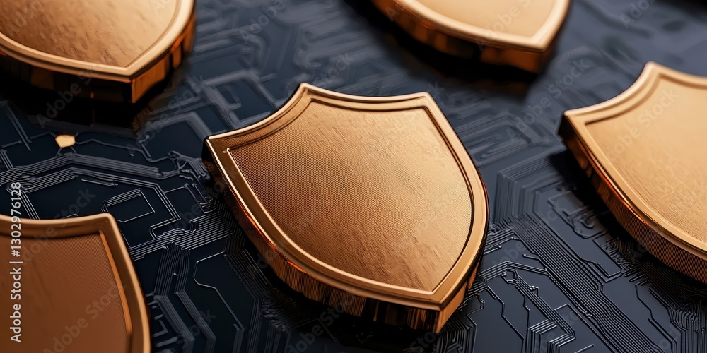 Aufkleber A close-up of bronze shields arranged on a dark circuit-patterned surface, symbolizing security and protection in a digital context.