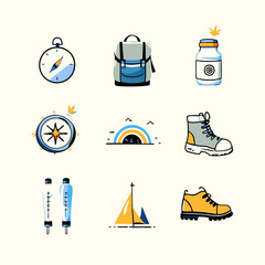 Set of different hiking gear watercolor flat icons.