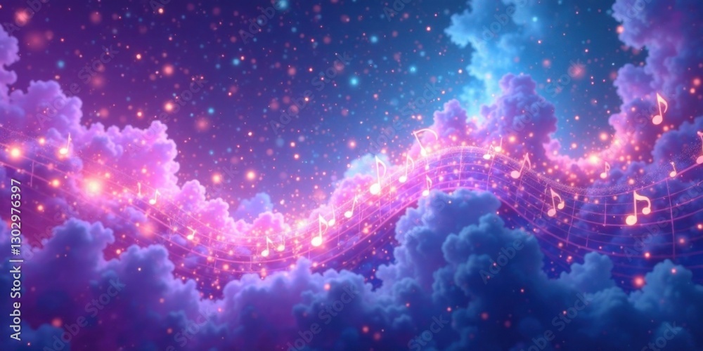 Poster celestial symphony a dreamlike composition of musical notes floating amidst glimmering clouds and sp