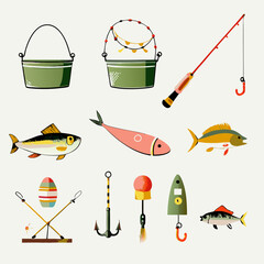 Set of different fishing gear watercolor flat icons.