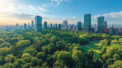 Lush green park contrasting with a modern city skyline at sunset.