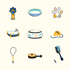Set of different pet accessories watercolor flat icons.