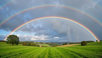 Naklejka premium Vibrant rainbow spanning lush green landscape after rain, natural beauty