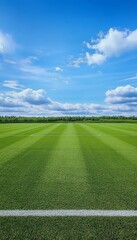 Obraz premium Vast summer soccer field with grass stands under a bright, open sky in a realistic setting
