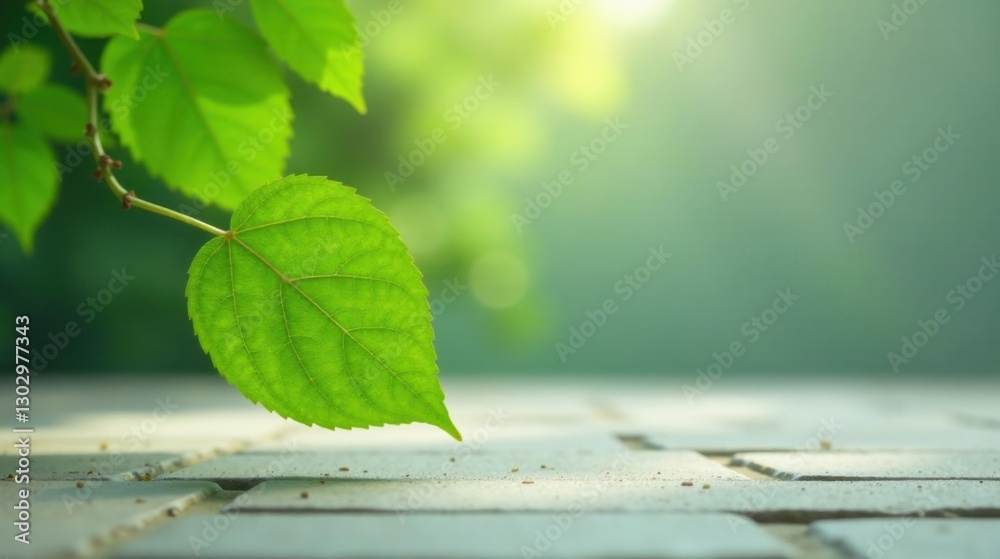 Poster a vibrant green leaf extending over a textured surface, bathed in soft sunlight, representing the se