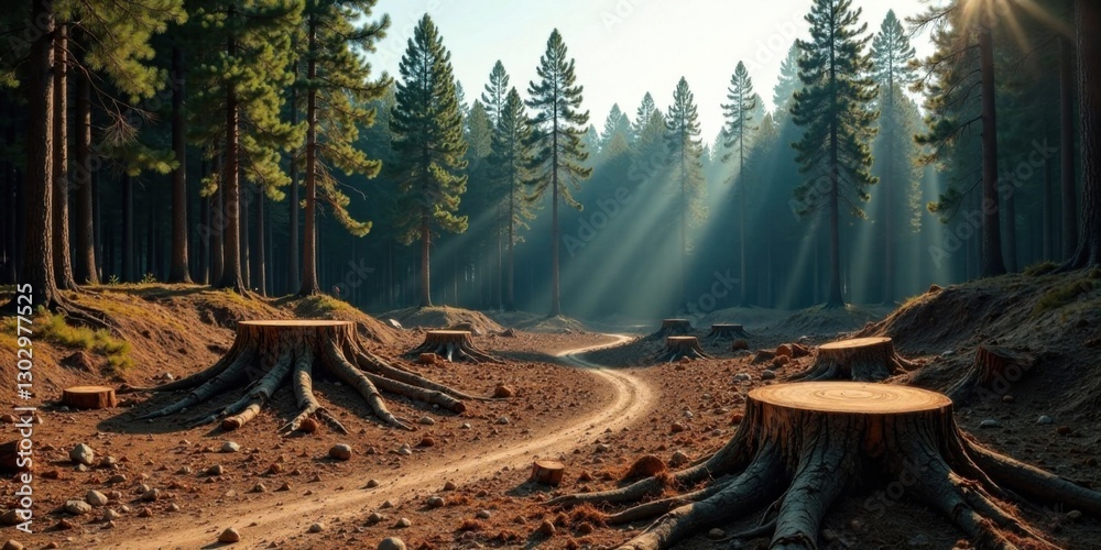 Poster sunbeams illuminate a forest path winding through recently cut tree stumps