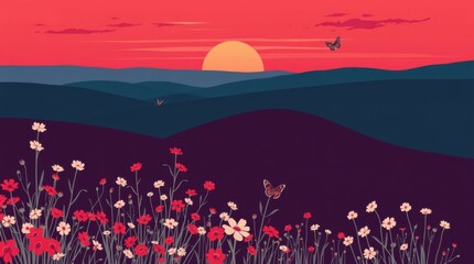 Naklejka premium Floral meadow at sunset with butterflies in flight, stylized illustration of nature, serenity and peace