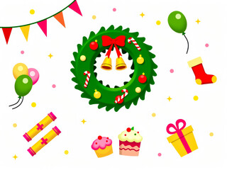 Fototapeta premium festive christmas wreath with colorful decorations and party elements