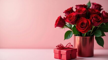 A Romantic Arrangement of Crimson Roses in a Decorative Vase, Adorned with a Crimson Gift Box Tied with a Matching Ribbon, Against a Delicate Pink Background