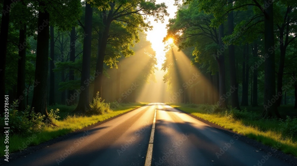 Poster sunbeams illuminate a forest road at dawn, creating a serene and peaceful atmosphere