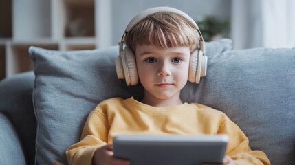 Cute little boy with headphones and tablet listening to audiobook at home