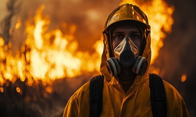 Firefighter in protective gear standing against the backdrop of flames, symbolizing bravery and heroism