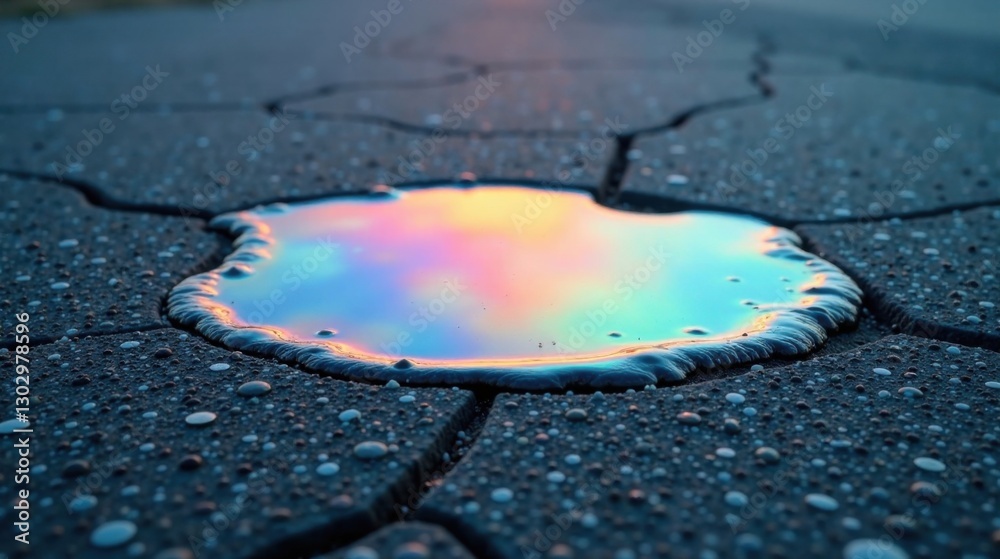 Poster a small pool of iridescent water reflecting the sunset on interlocking pavement blocks