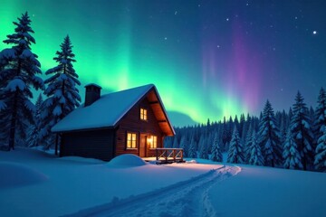 Serene Winter Cabin Illuminated by the Magical Aurora Borealis under a Starry Night Sky