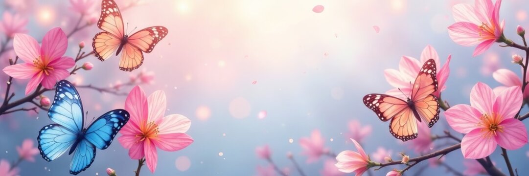 Soft pastel seamless design with graceful butterflies in a symmetrical layout, whimsical, gentle, wildlife