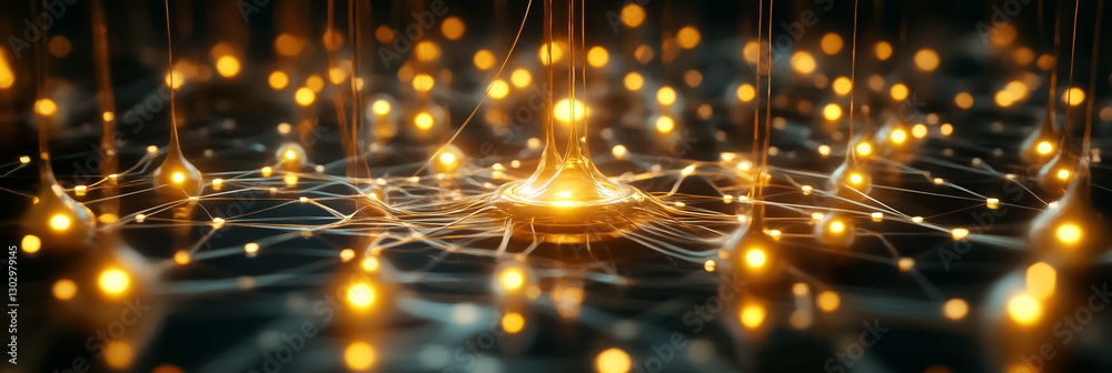 Poster in a darkened space, glowing nodes pulsate as they connect through delicate lines, symbolizing the d