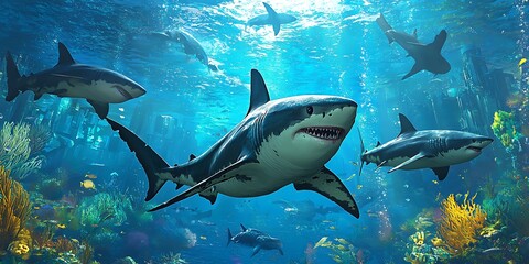 Fototapeta premium Magnificent Sharks Underwater Kingdom Exploring Aquatic Depths and Majesty