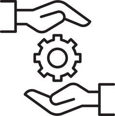 Hands holding a gear symbolizing teamwork. line icon