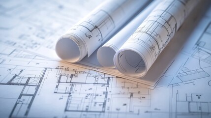 Architectural blueprints rolled up on working diagrams.