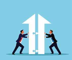 Two Successful Business People Putting Together Arrow Sales Puzzle. Office worker or company CEO leader vector art, generating profits vector art