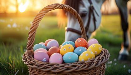 Easter celebration animal, cute easter horse in an easter basket full of colorful easter eggs, sunny spring time holiday, spring flower meadow, golden hour, easter nest