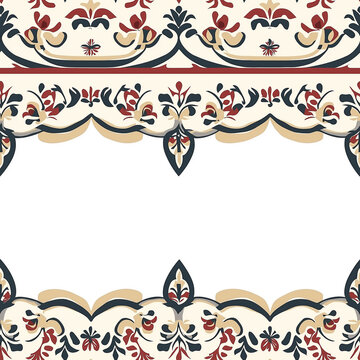 A decorative border with an elegant pattern of wavy lines and floral motifs in traditional Egyptian colors, and cream on a white background